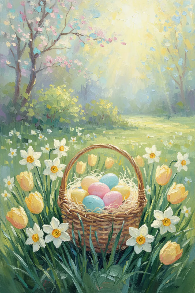 A wicker basket with pastel eggs in a sunny garden with daffodils