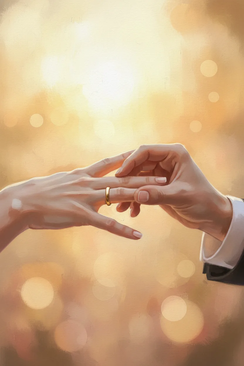 Close-up of a hand slipping a ring onto a finger