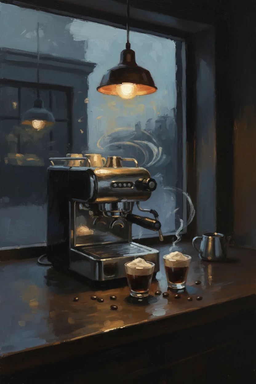 A dark-wood espresso bar with vintage chrome espresso machine