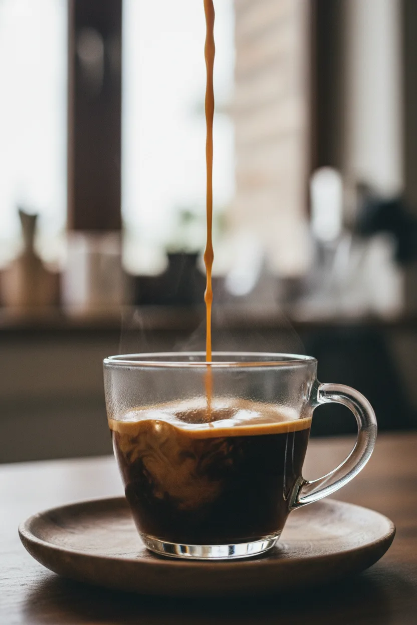 A real photograph of espresso pouring into a glass cup with crema swirling
