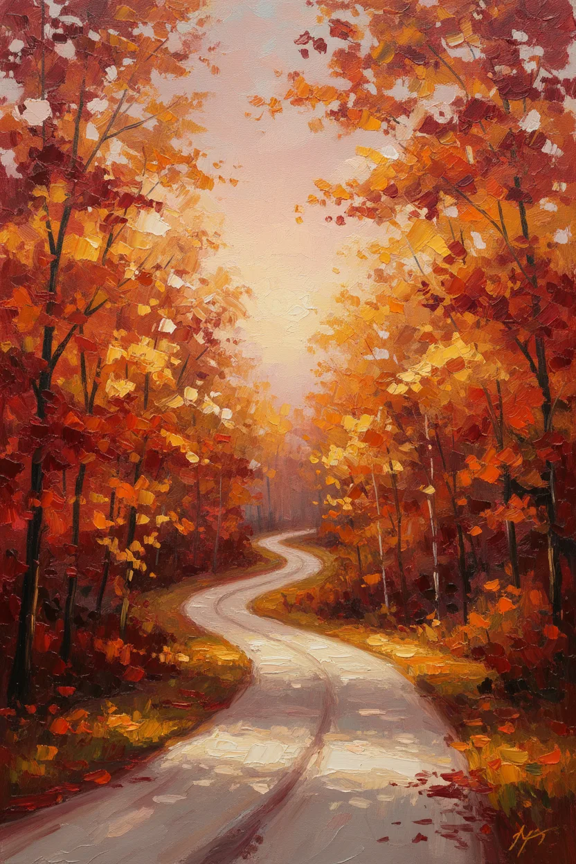 A winding country road through vibrant autumn trees ablaze in red and gold