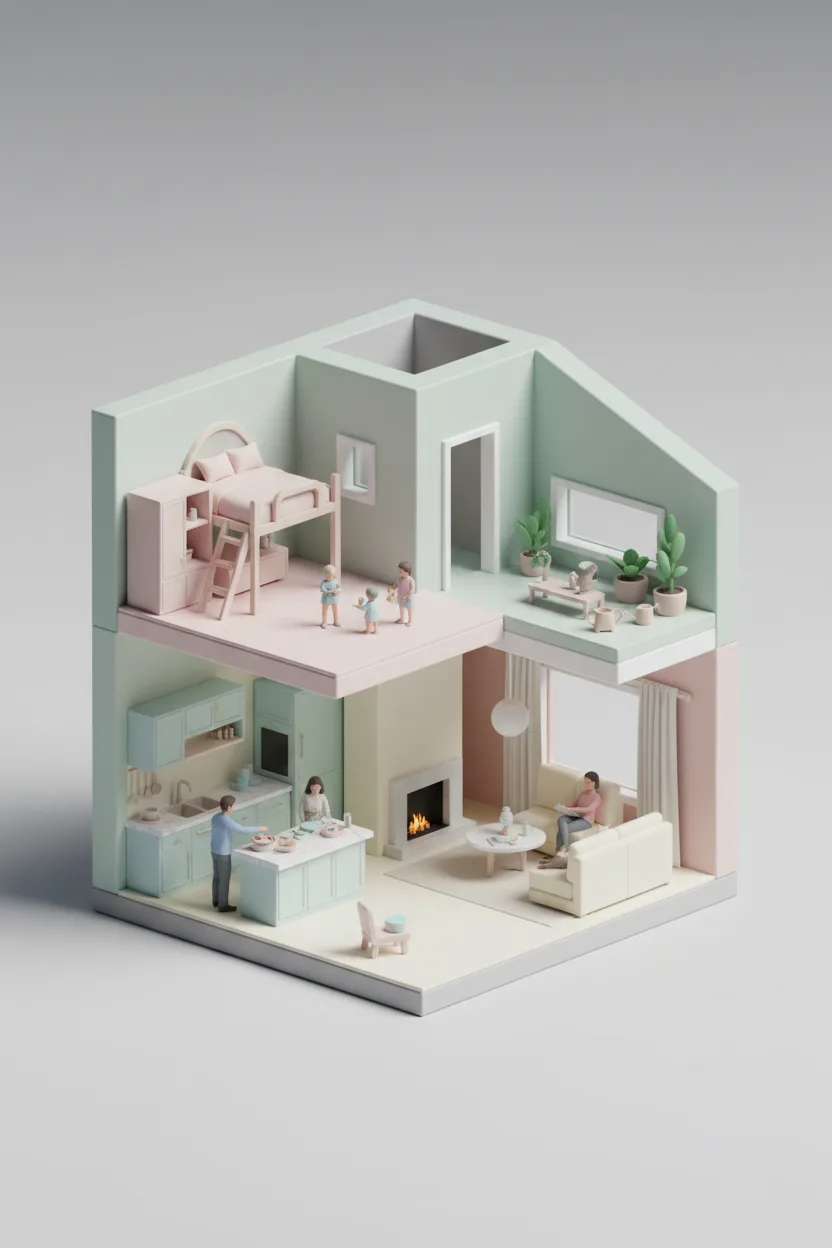 A 3D isometric CGI render of a cutaway dollhouse with family inside