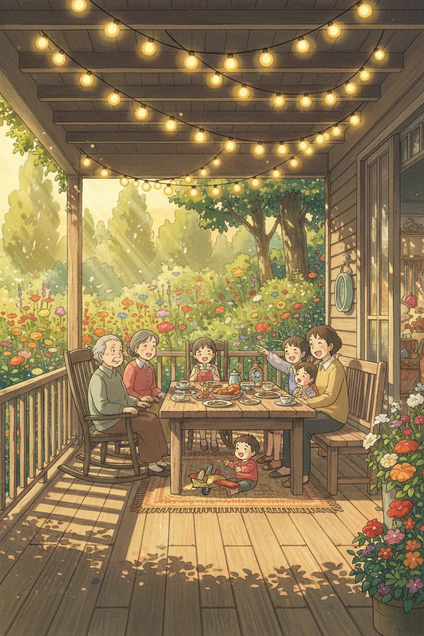 An anime scene of a family gathered on a wraparound porch at golden hour