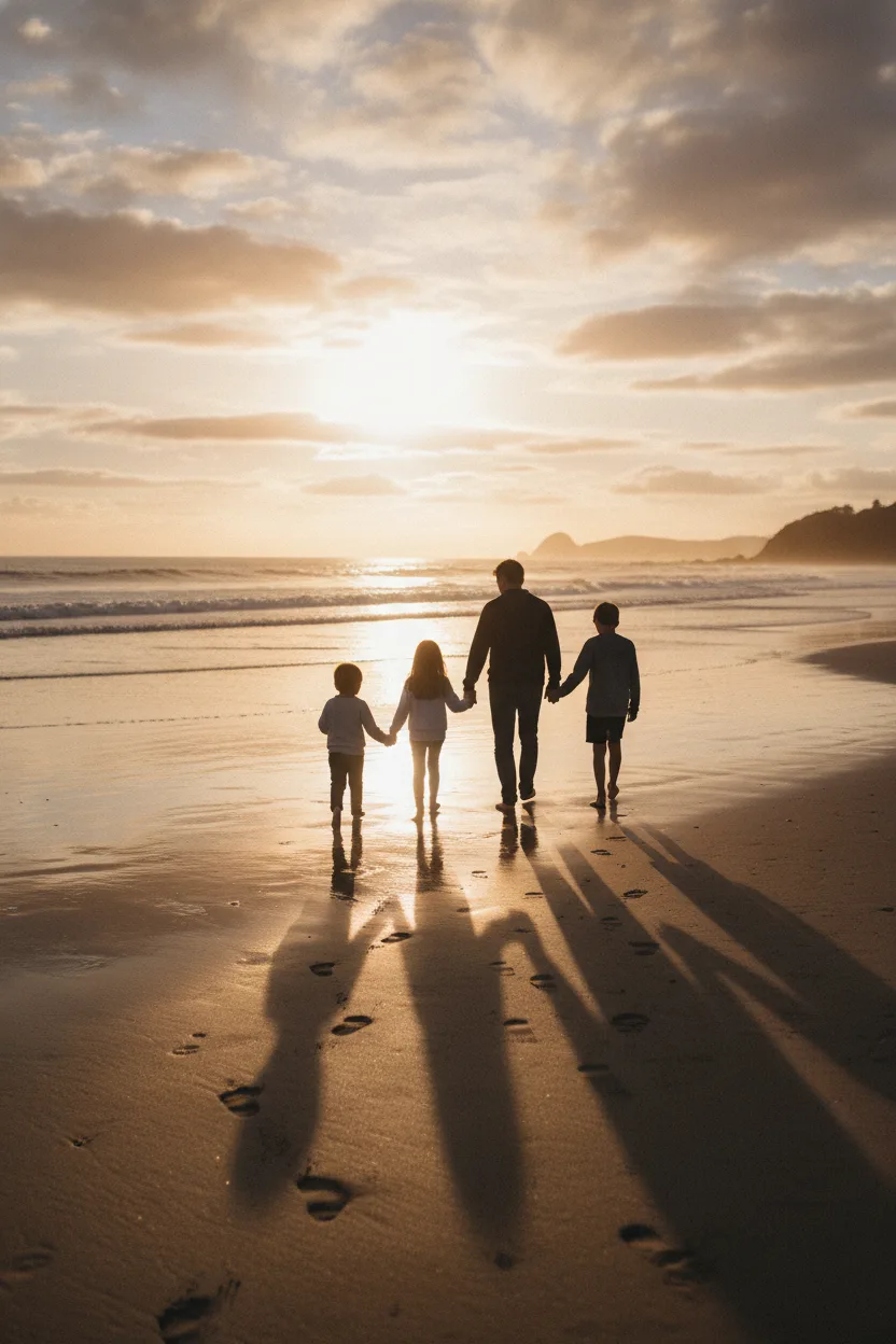 A family walking hand-in-hand on a wet beach at golden hour