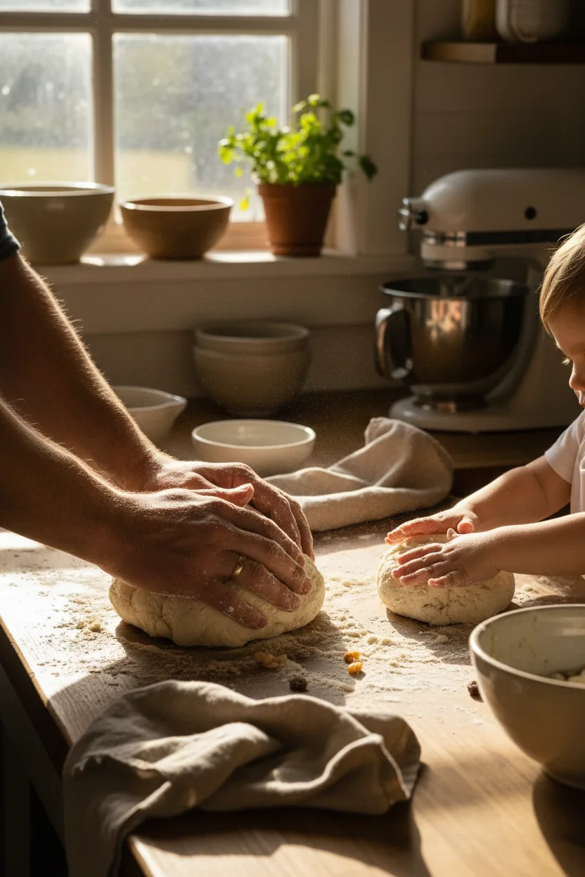 Family hands kneading dough together at the counter