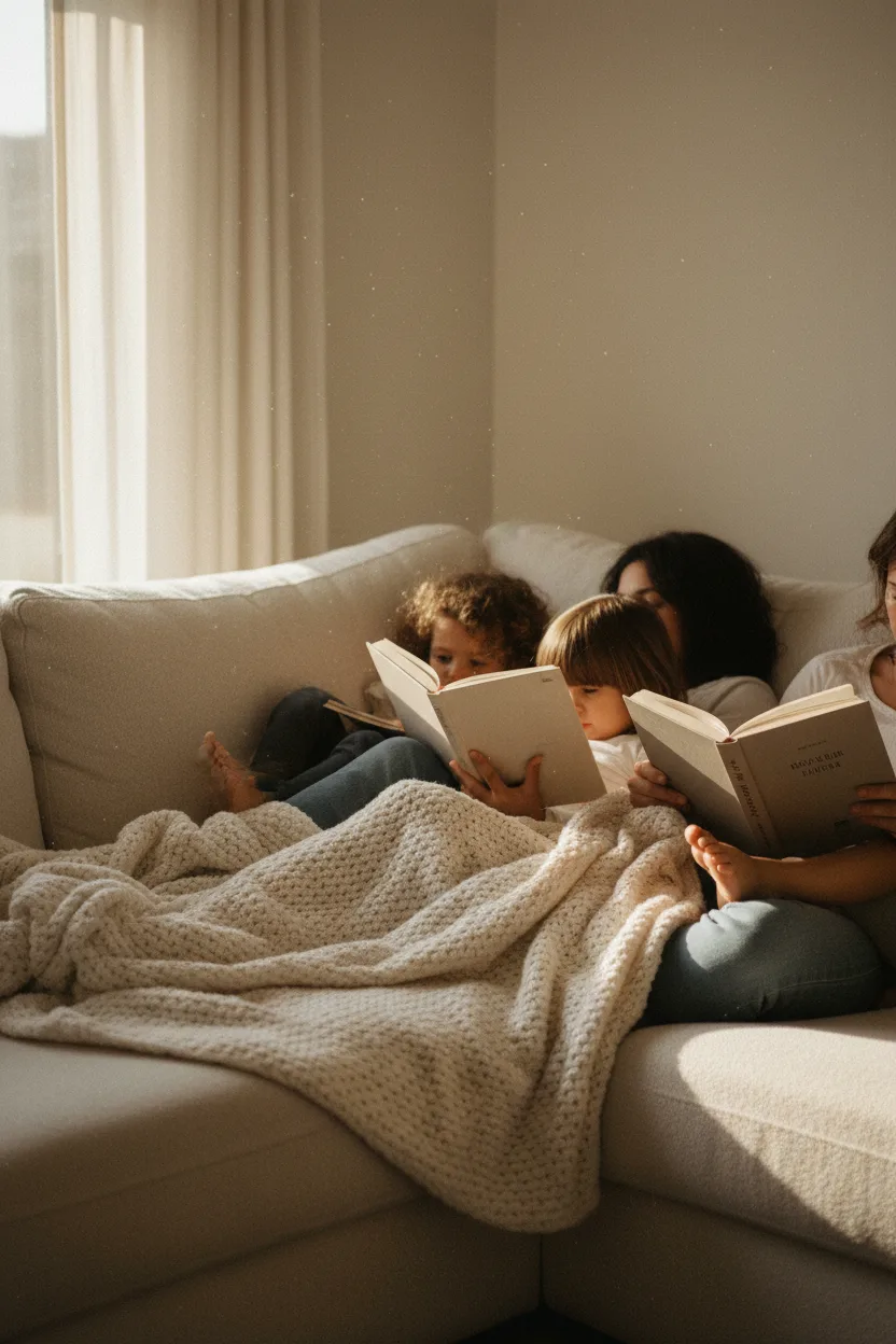 A family laughing together on a sofa in afternoon light