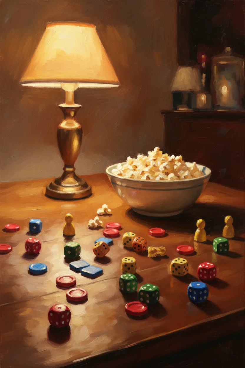 Scattered board game pieces and dice on a wooden table at warm lamp light