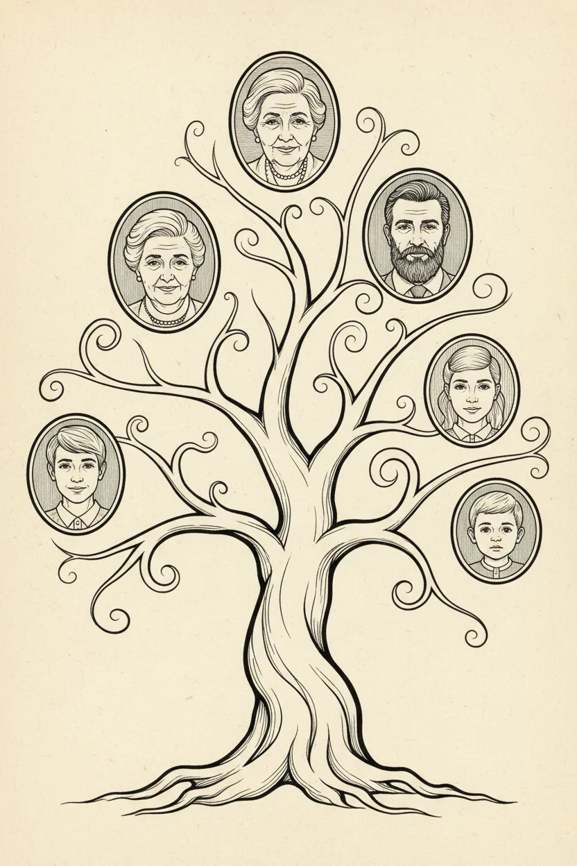 A black ink line drawing of a stylized family tree with five portraits