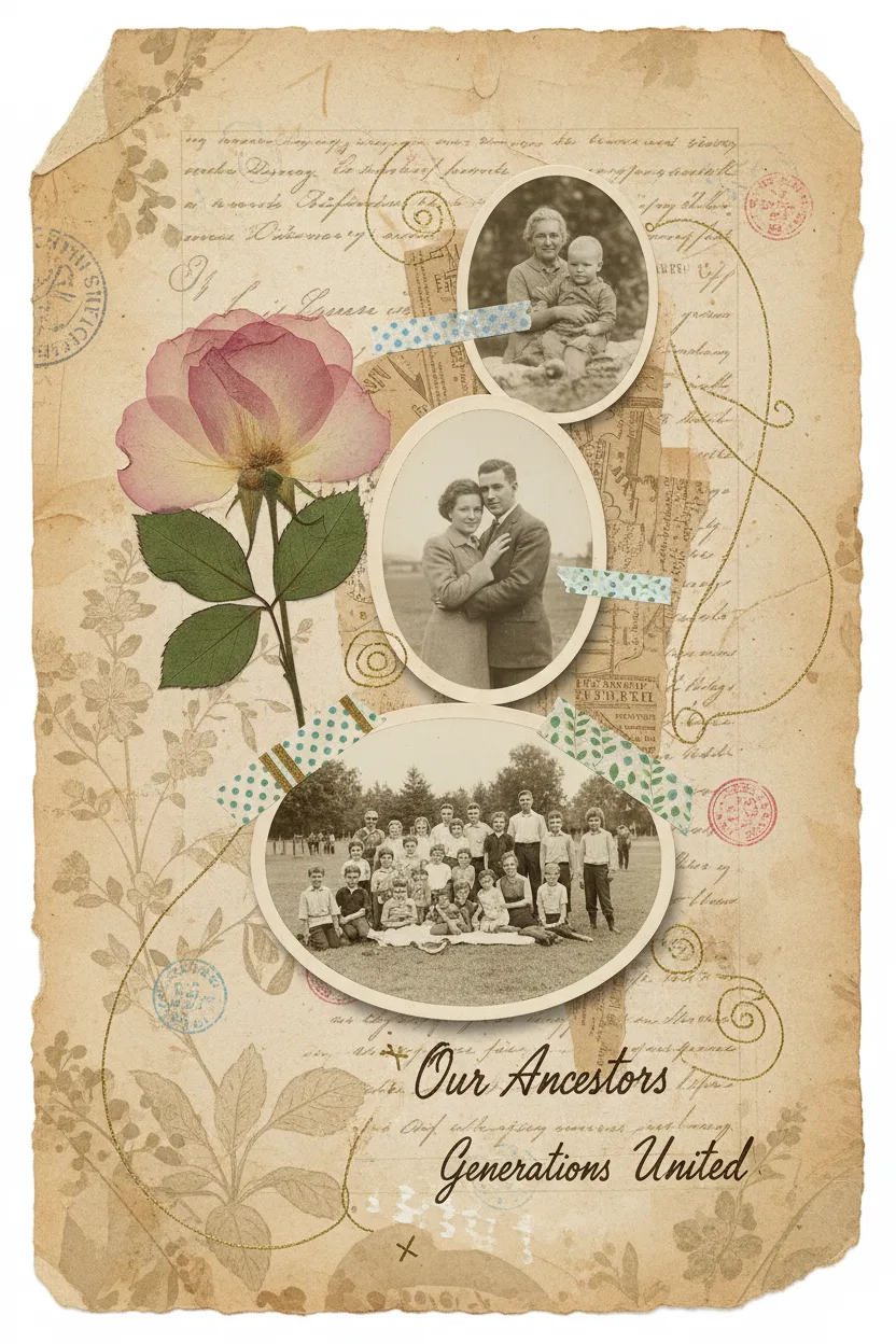 A mixed-media collage of three generations of black-and-white family photos