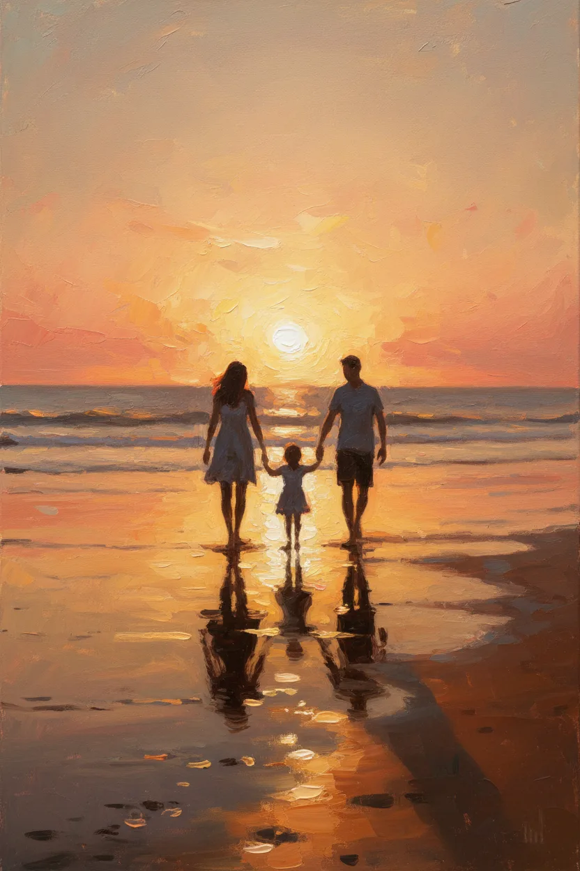 A faceless family of three silhouetted on a beach at sunset
