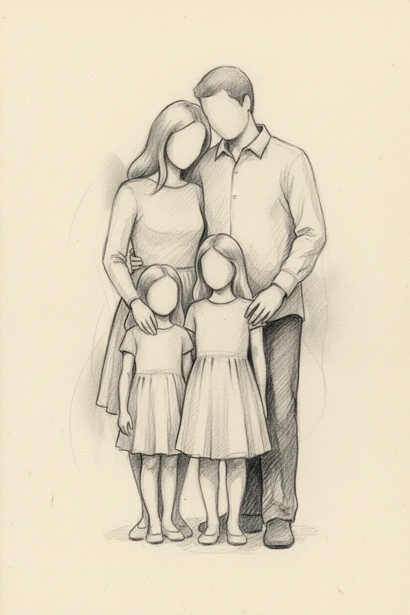 A pencil sketch of a family of four standing together on cream paper