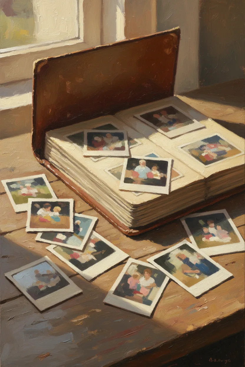 A vintage open leather photo album with Polaroid-style family memories