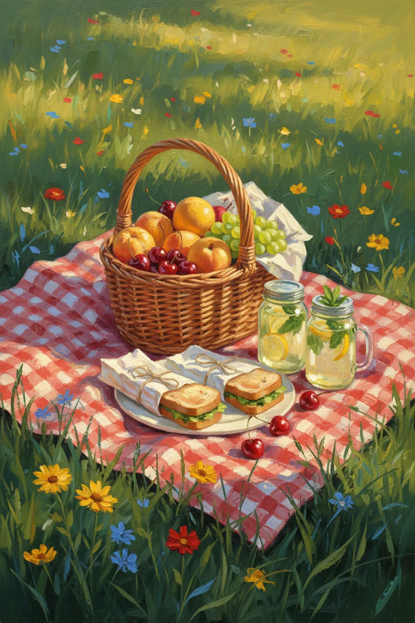 A sunny park picnic spread on a checkered blanket with fruit and lemonade