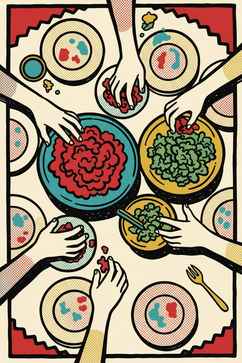 A pop-art screenprint of a Sunday-dinner table from above with bold colors