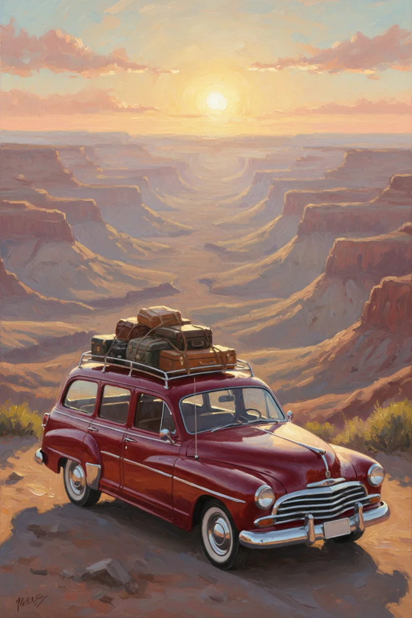 A vintage station wagon at a desert overlook at golden hour