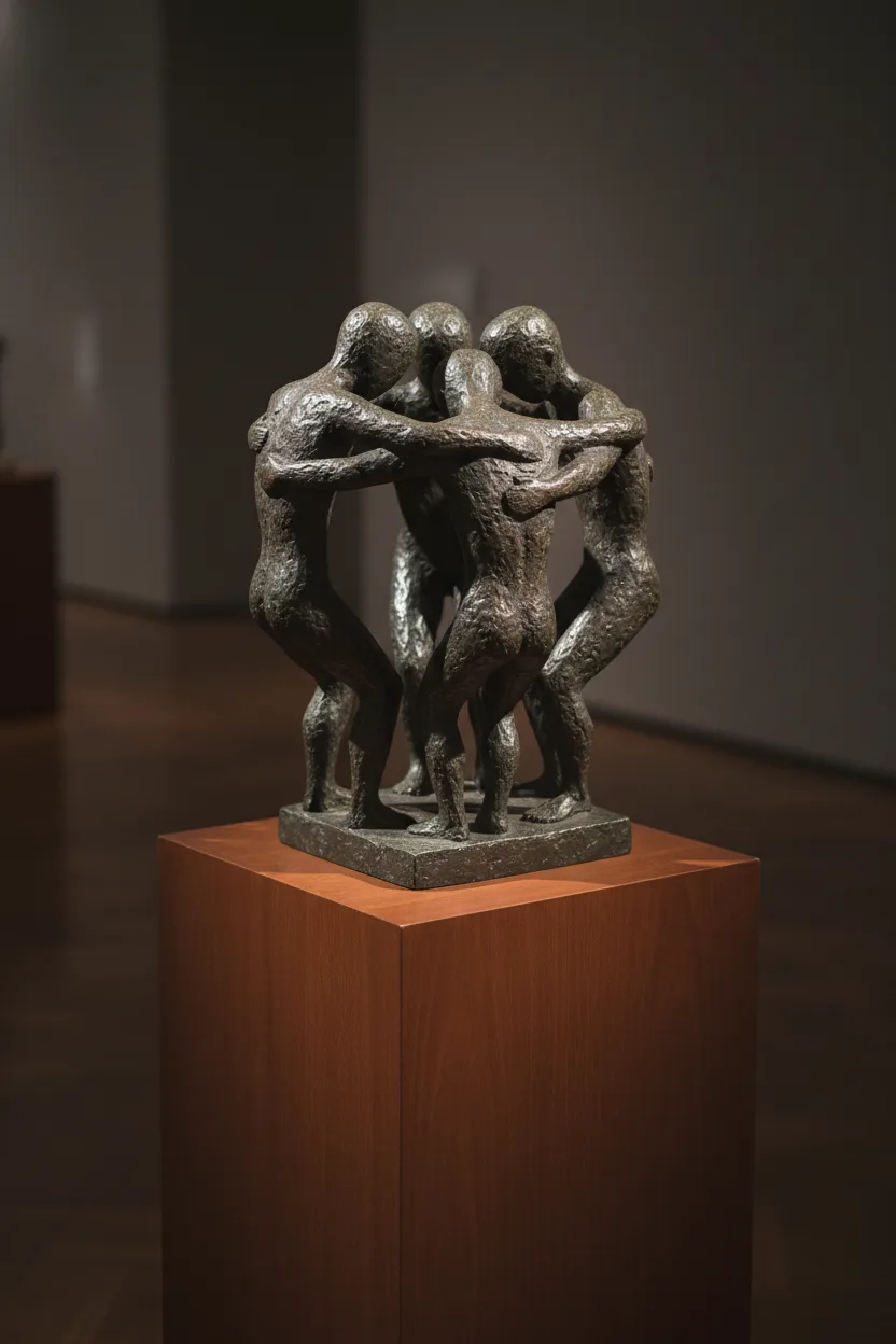 A bronze sculpture of four figures embracing in a tight circle