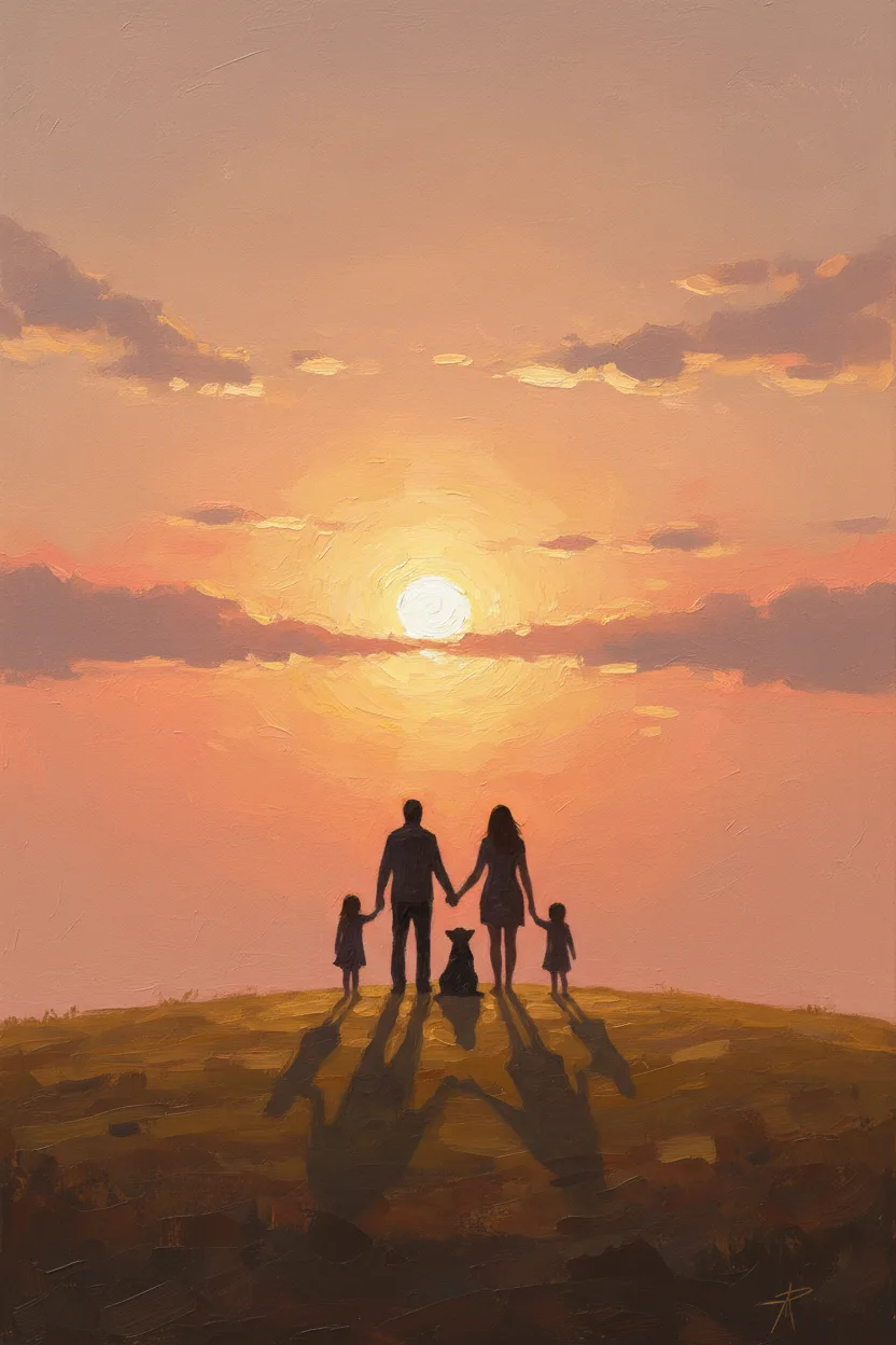 A family silhouette on a hilltop watching a vibrant sunset