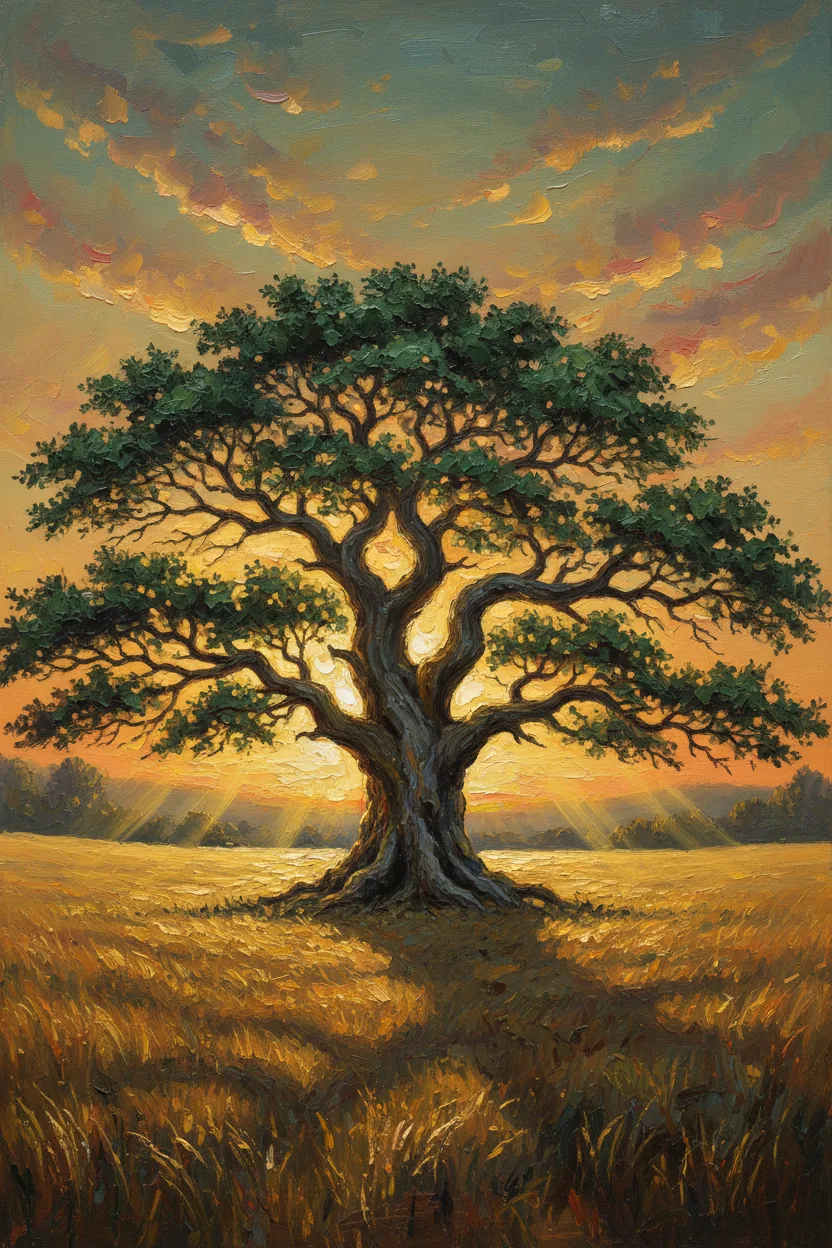 A majestic ancient oak tree at sunset in a golden meadow