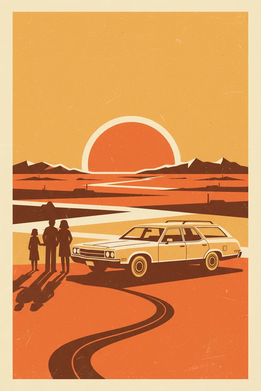 A vintage 1970s poster of a station wagon and family at a desert overlook