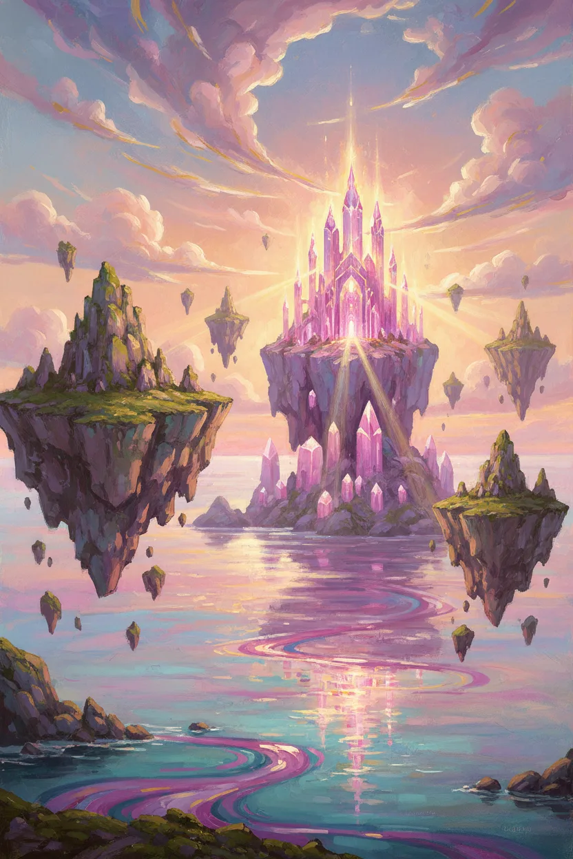 A fantasy landscape with floating islands and crystal palace