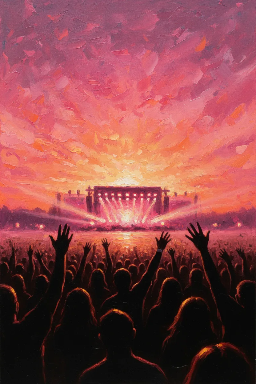 A sunset music festival crowd from behind with raised hands silhouetted
