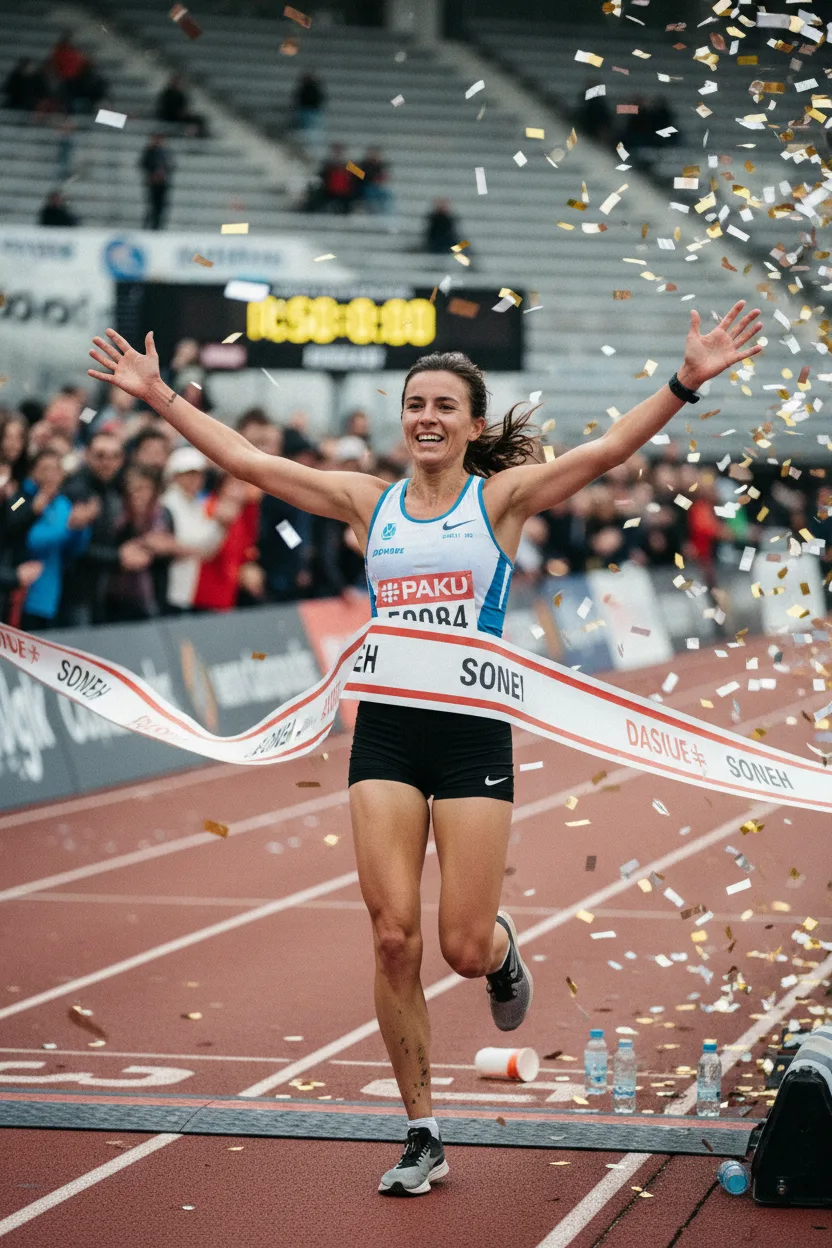 A real photograph of a marathon runner crossing the finish line tape