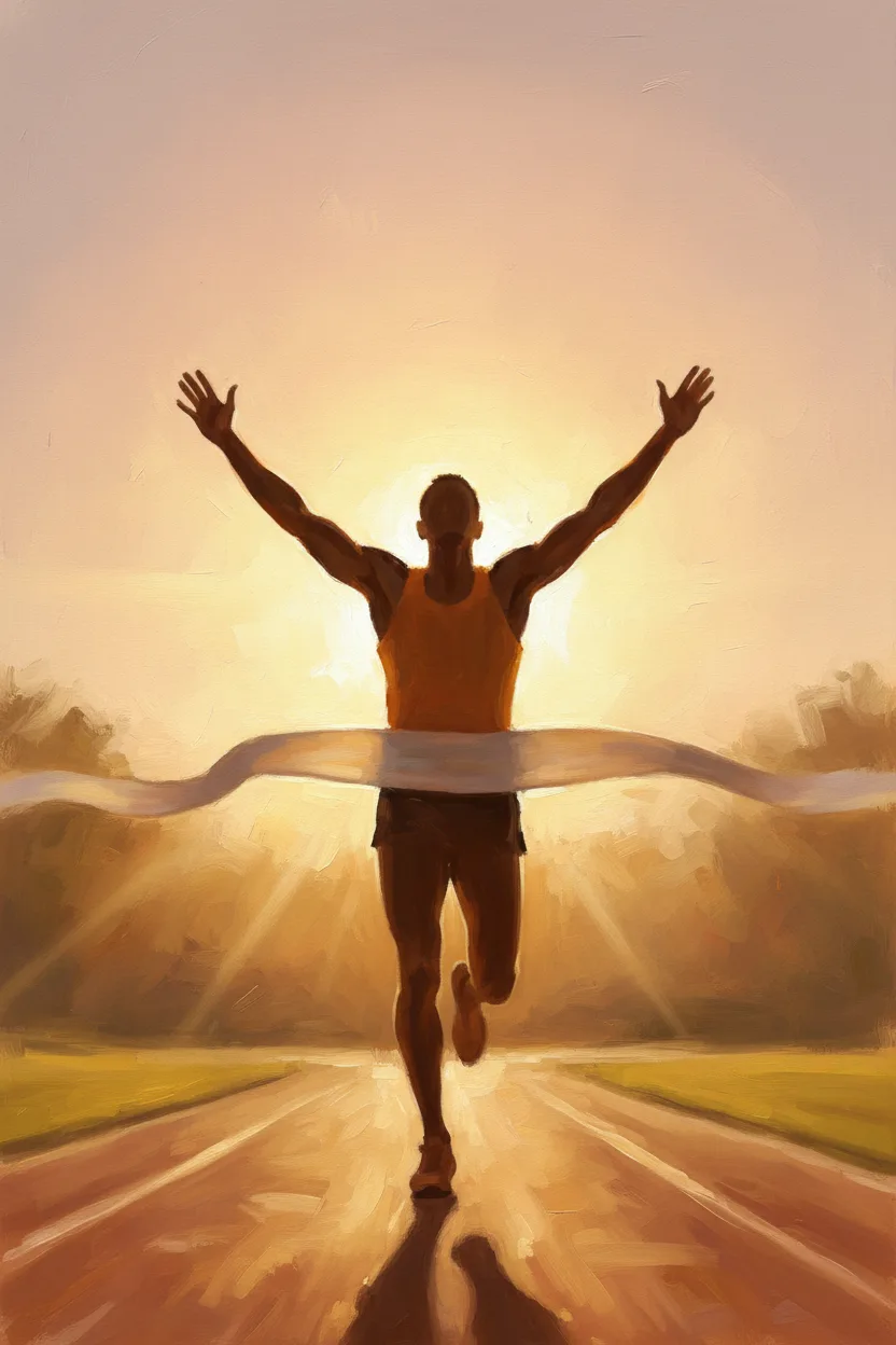 A runner silhouette crossing a finish line with arms raised