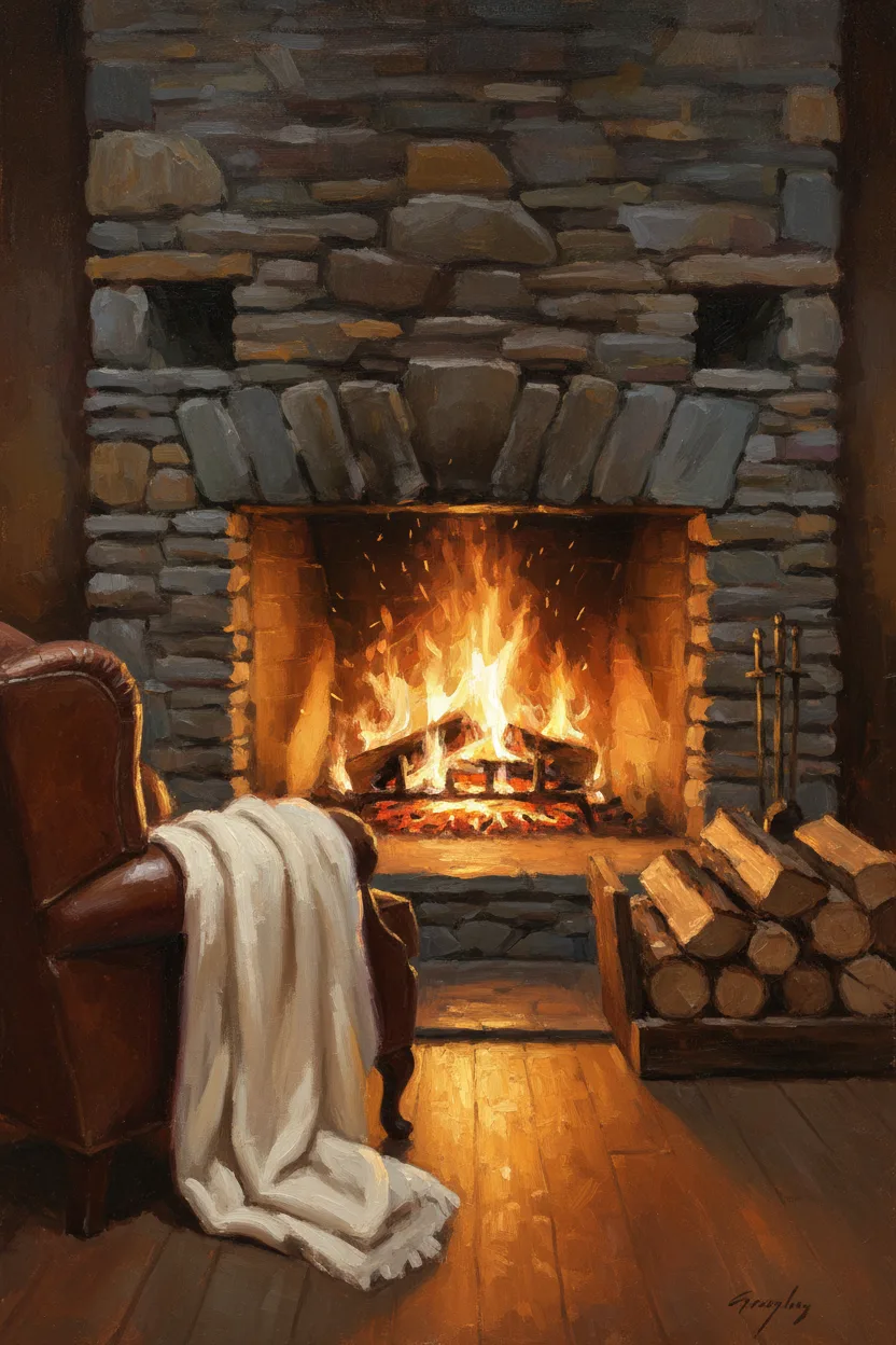 A stone fireplace with a crackling fire and split logs