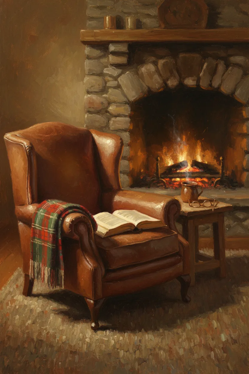 A leather armchair beside a fireplace with an open book and tartan throw