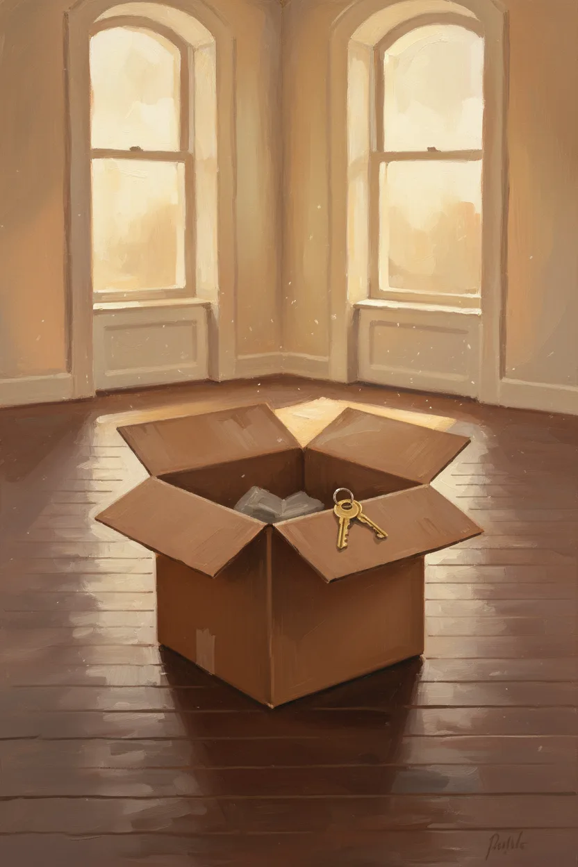 An open moving box in a sunlit empty apartment with keys on top