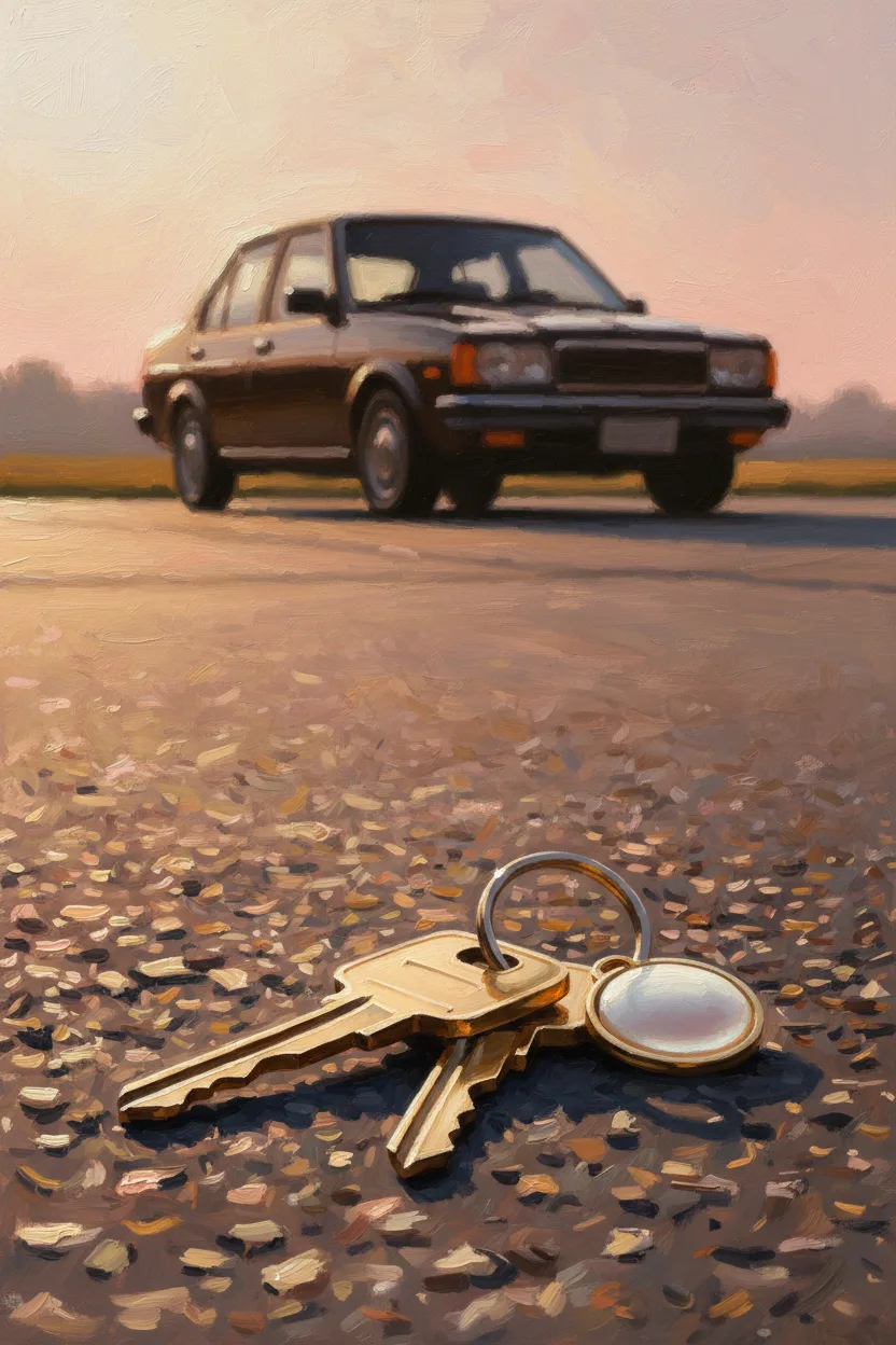 Shiny car keys on a sunlit driveway with a first car silhouette behind