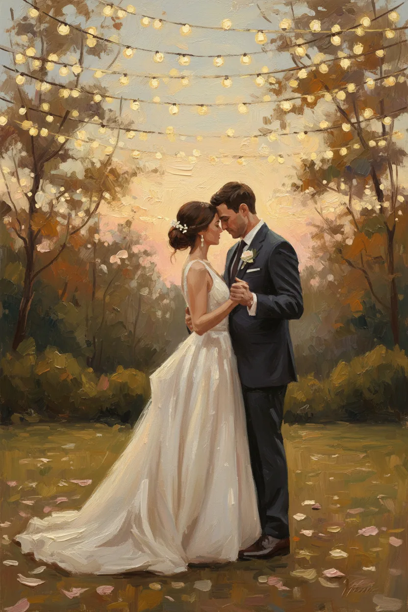 A couple dancing alone under string lights at twilight