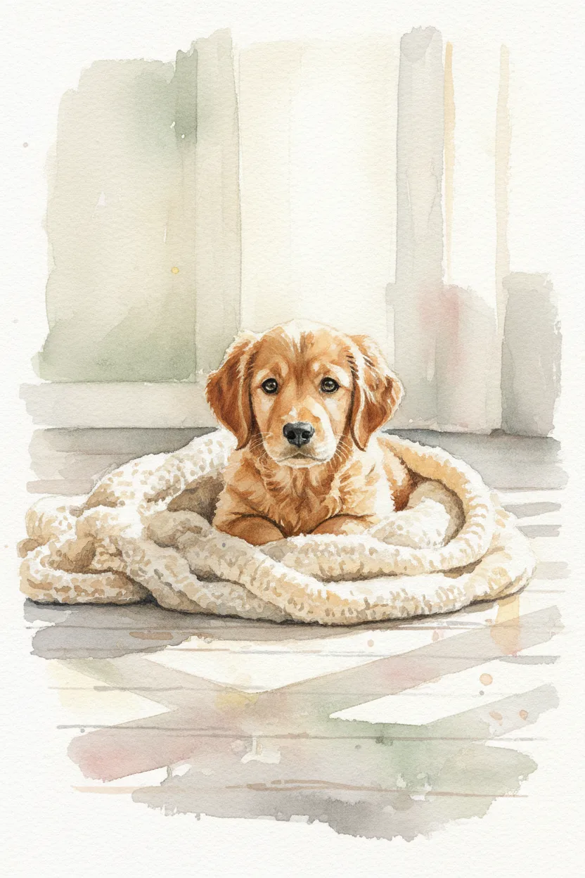 A puppy curled in a knit blanket in a sunlit room
