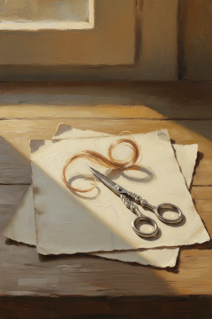 Tiny scissors beside a soft baby curl on cream paper