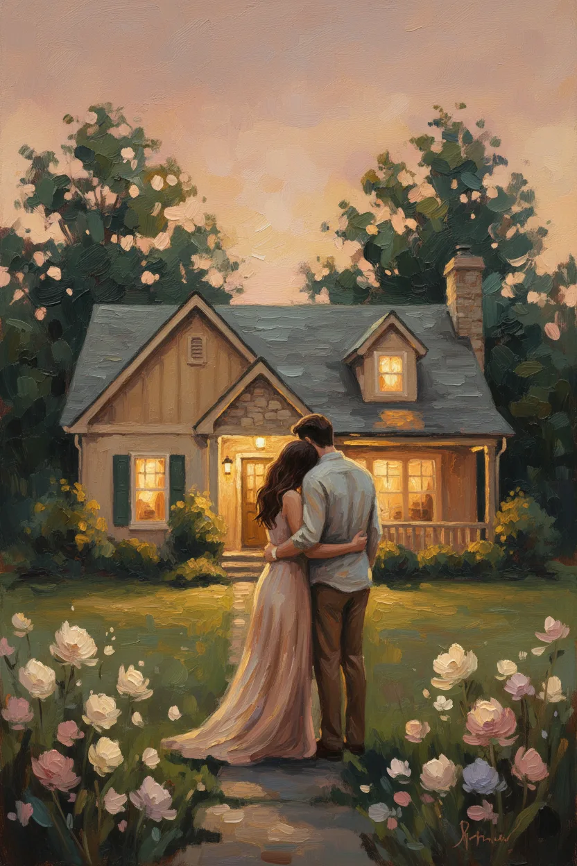 A couple in front of their first home with warm window light