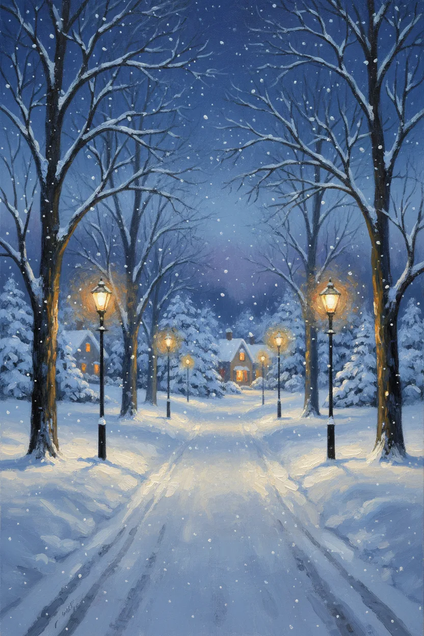 A snowy tree-lined street at twilight with streetlamps and a glowing window