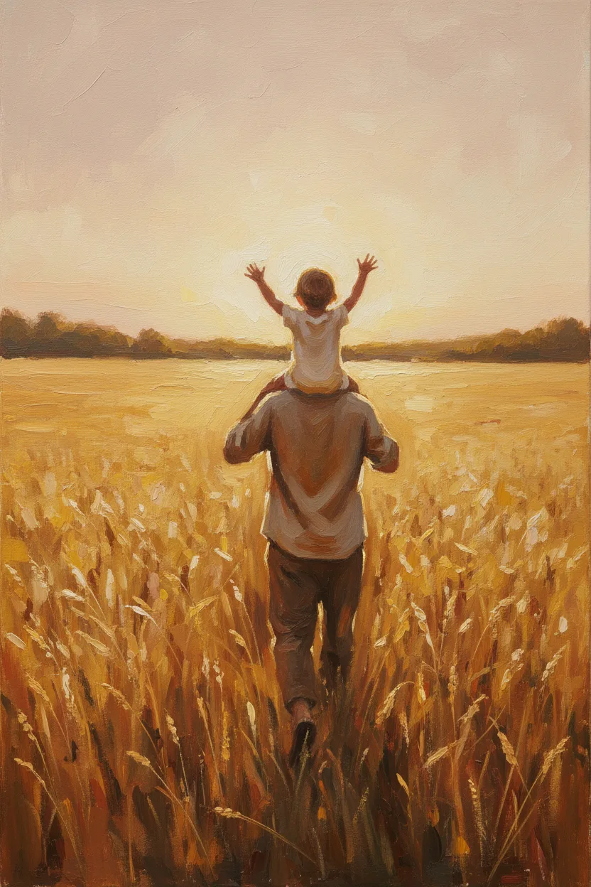 A father carrying a child on his shoulders in a wheat meadow