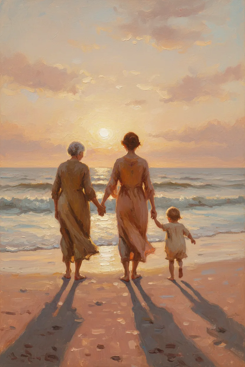 Three generations walking hand-in-hand on a beach at sunset