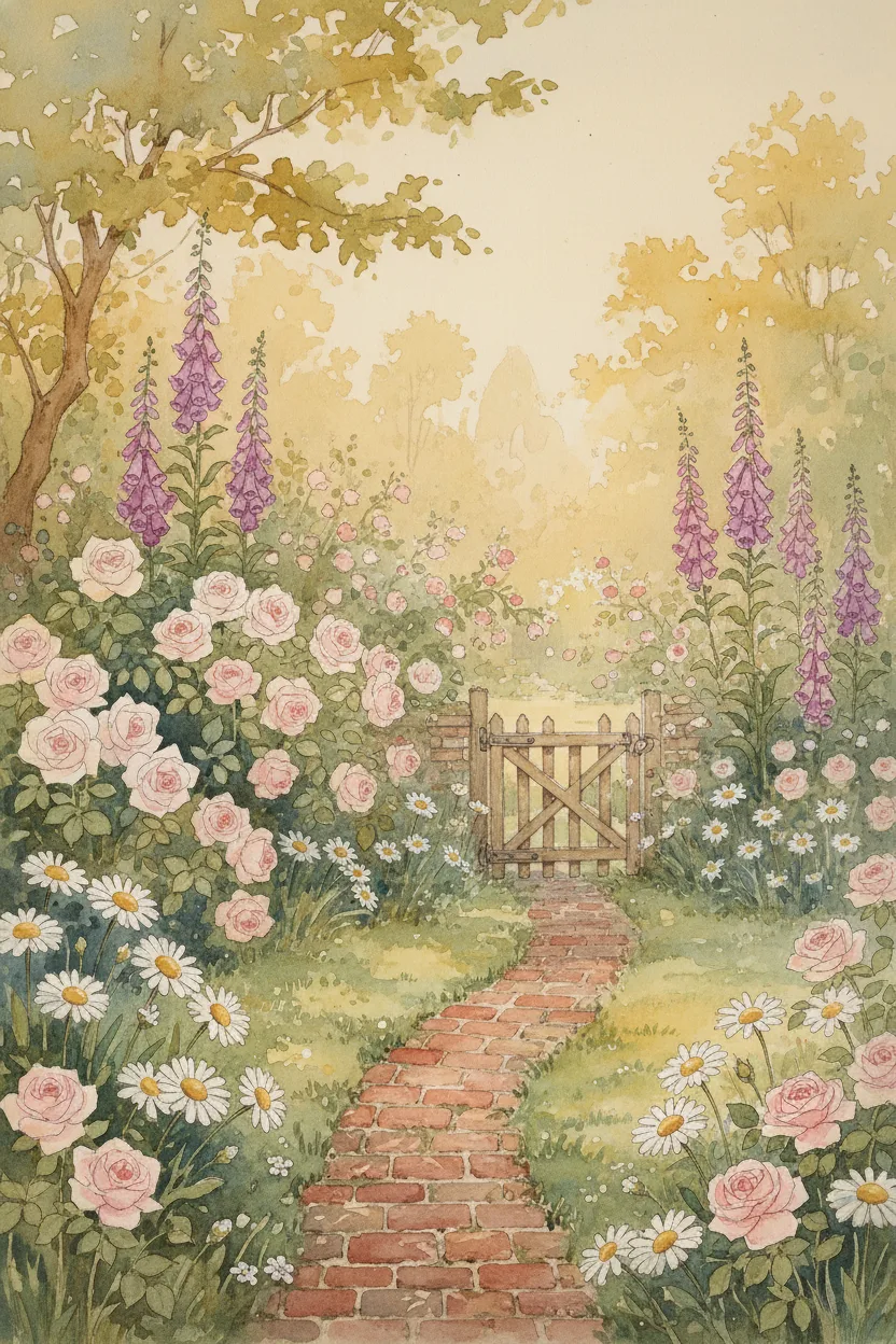 Watercolor of a childhood-home garden in spring