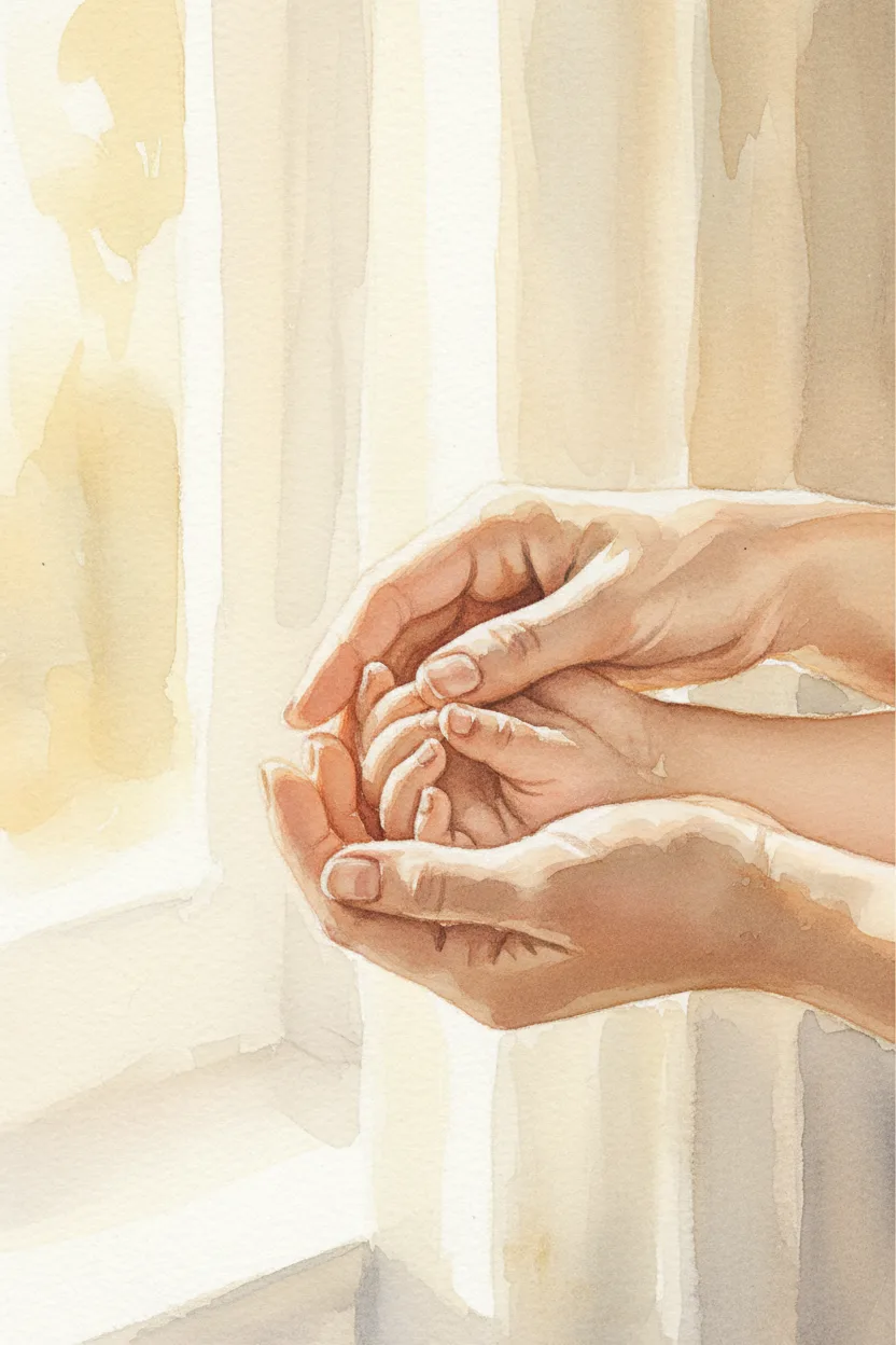 A mother's hands cradling a child's small hands in warm light
