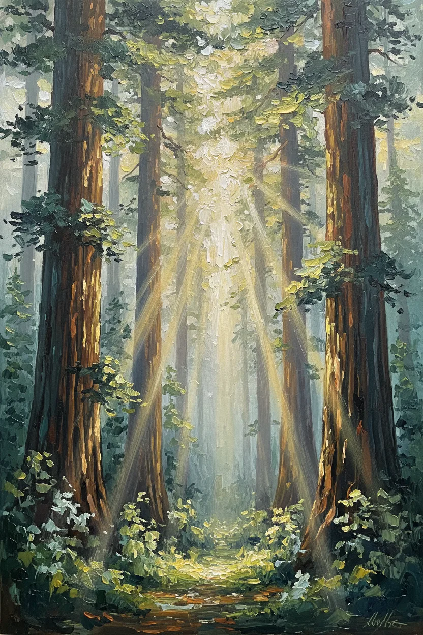 Towering redwoods with golden sun rays streaming through