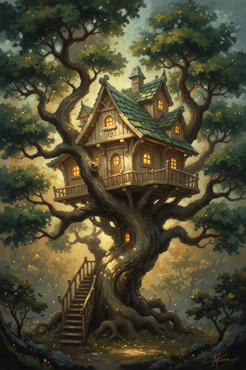 A wooden treehouse high in an old oak with warm window glow