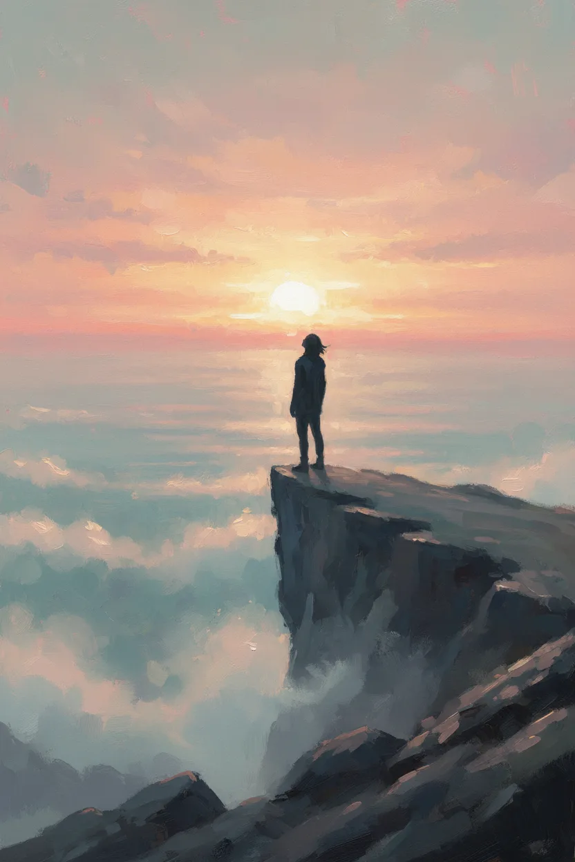 A figure on a cliff facing a pink-gold dawn sky over the ocean