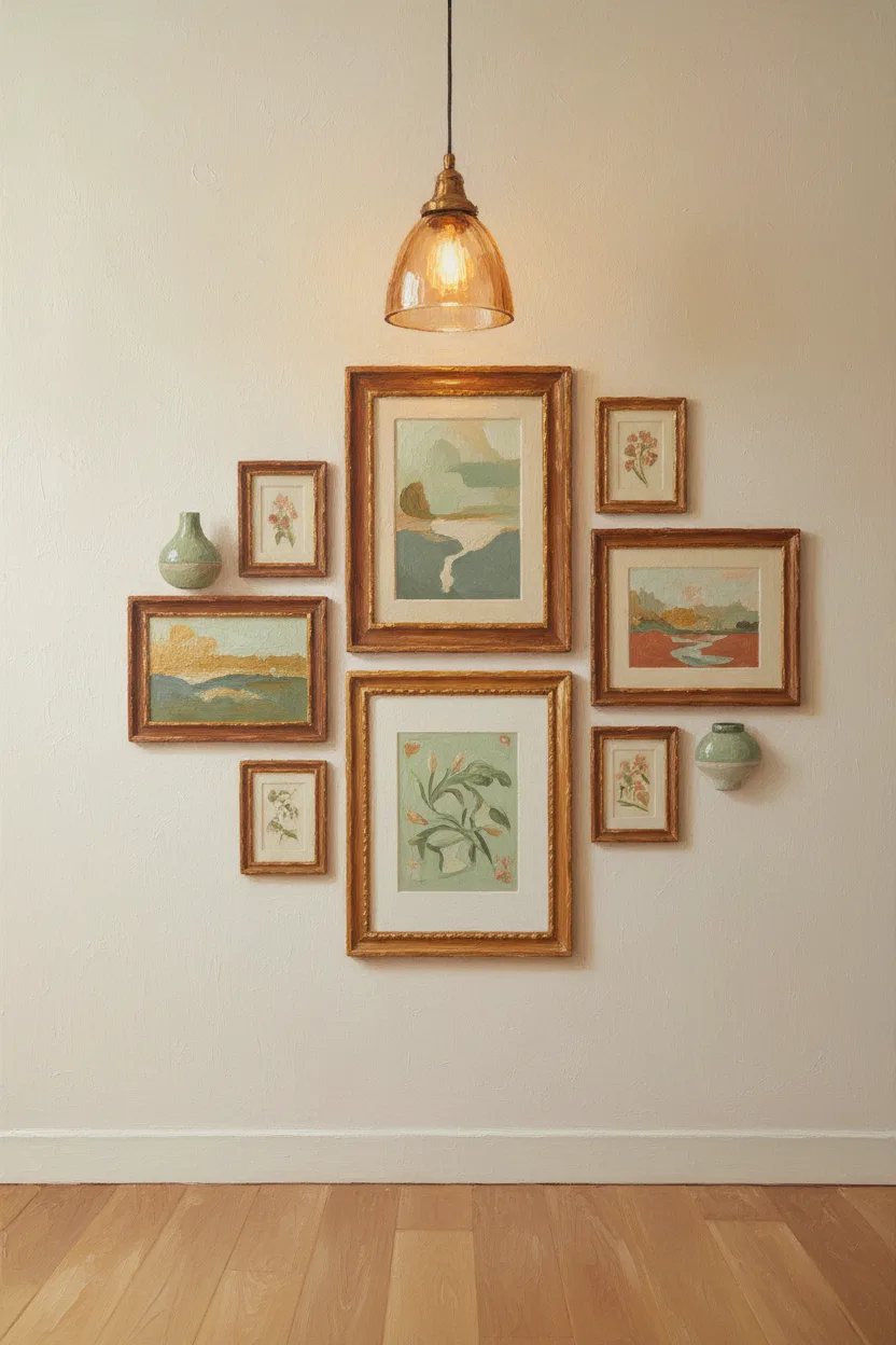 A stylish hallway gallery wall display with coordinating frames
