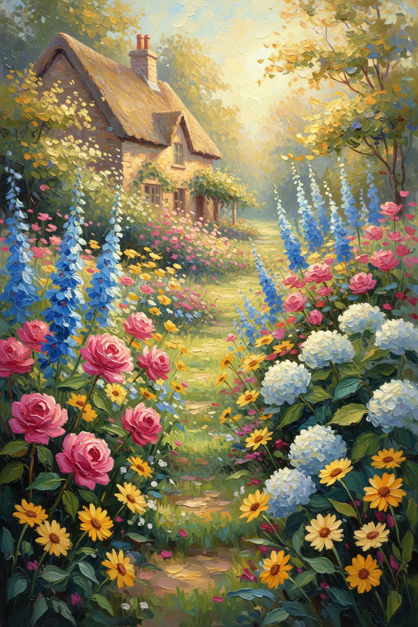 A lush sunlit cottage flower garden in full spring bloom