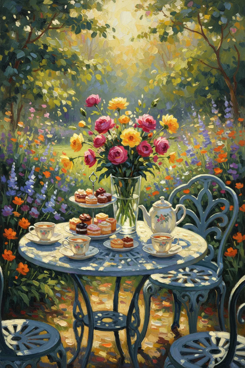 A wrought-iron garden table set for tea in a sunlit flower garden