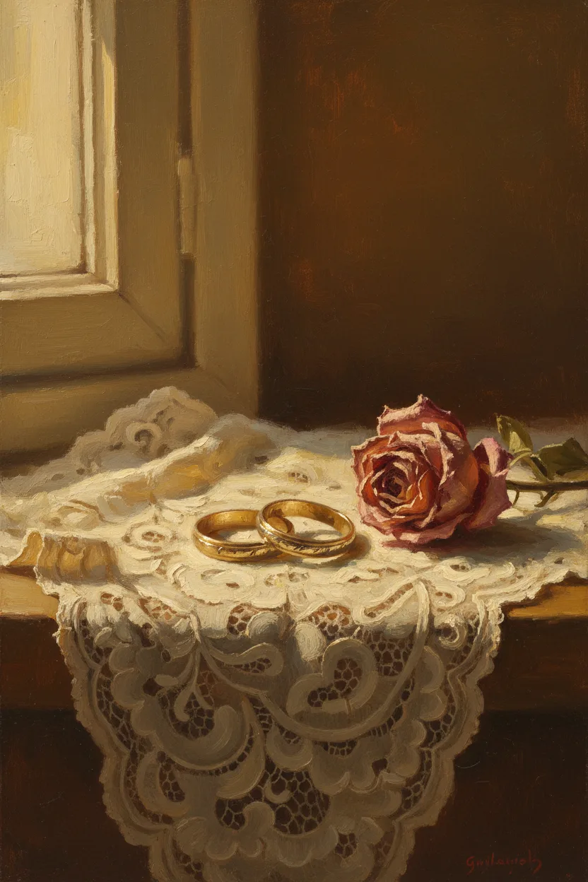 A pair of worn gold wedding bands on cream lace beside a dried rose