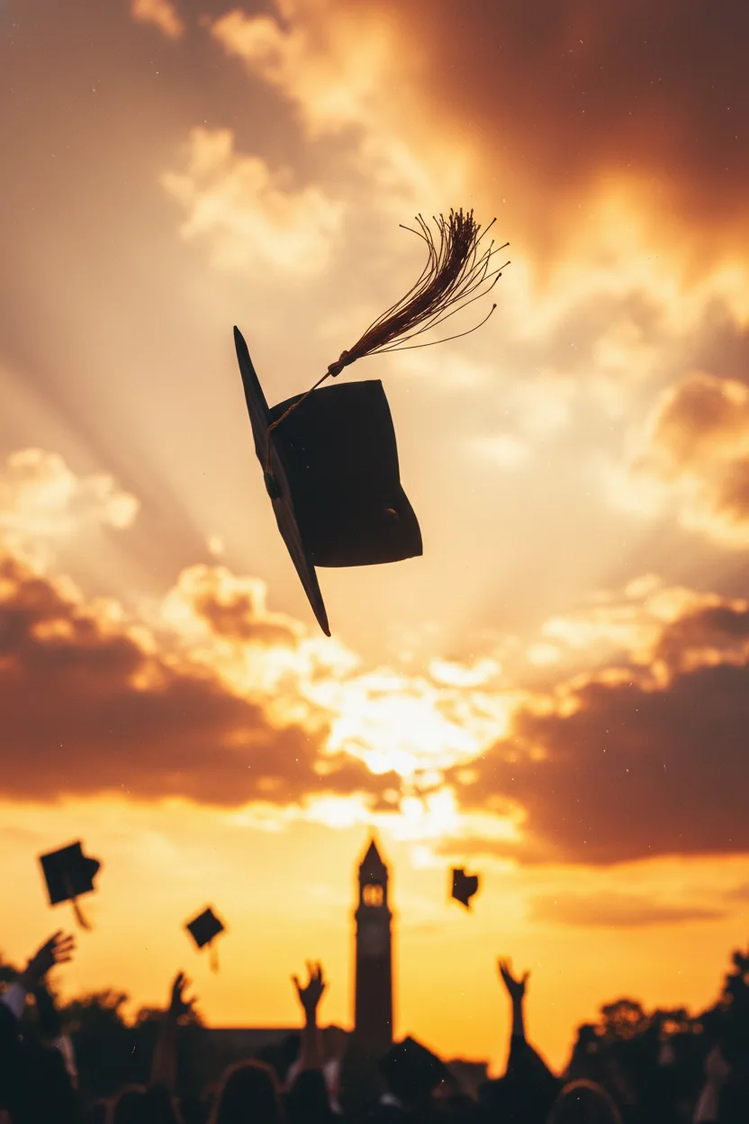 A real photograph of a graduation cap frozen mid-toss against a golden sky