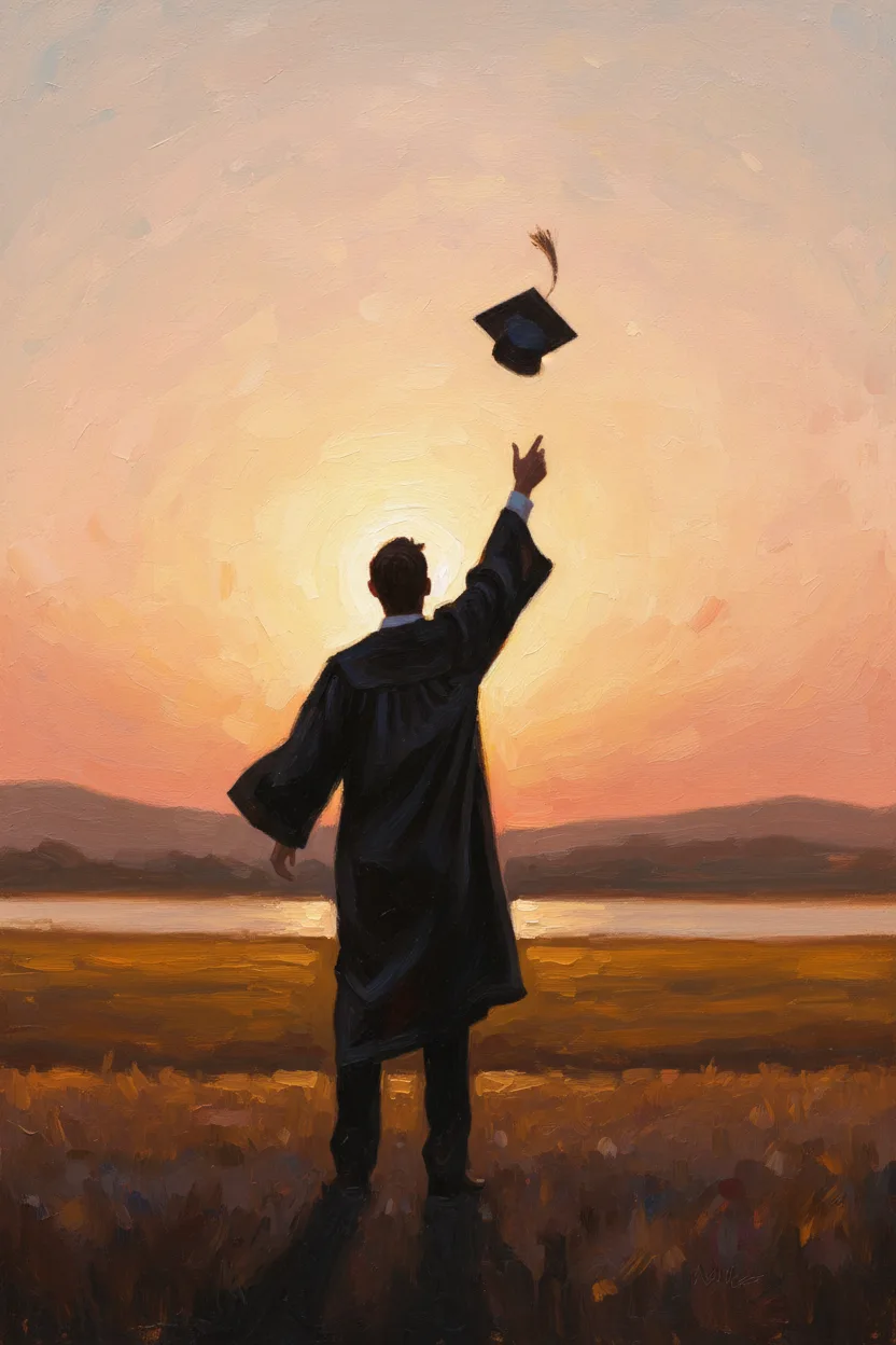 A graduate tossing their cap against a golden sunset
