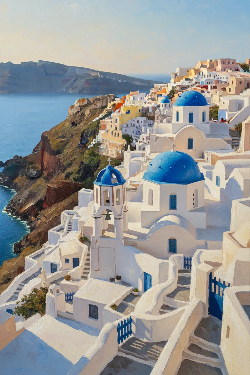 Whitewashed Santorini houses with blue domes cascading to the Aegean sea